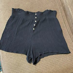 Women’s High Waisted Smocked Waist Paper Bag Waffle Shorts Black - SIZE L